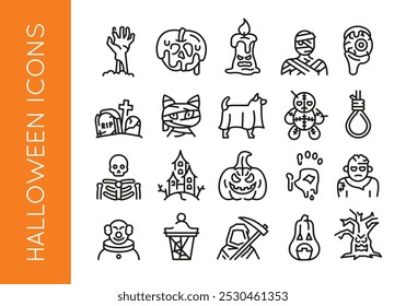 Halloween icons. Set of 20 Halloween trendy minimal icons. Skull, Zombie, Mummy, Pumpkin, Haunted House icon. Design signs for web page, mobile app, packaging design. Vector illustration