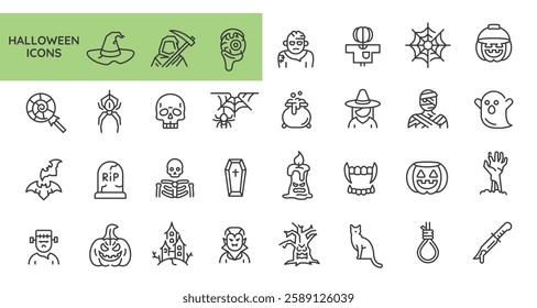 Halloween icons. Set of 31 Halloween trendy minimal icons. Skull, Zombie, Mummy, Pumpkin, Haunted House icon. Design signs for web page, mobile app, packaging design. Vector illustration