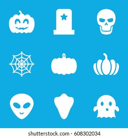 Halloween icons set. set of 9 halloween filled icons such as pumpkin, animal fang, spider web, ghost, alien head, pumpkin haloween, skull
