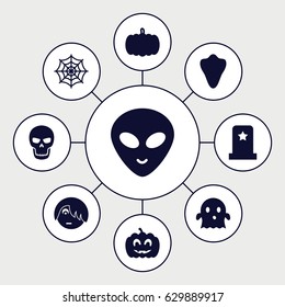Halloween icons set. set of 9 halloween filled icons such as pumpkin, animal fang, spider web, emo emot, ghost, alien head, pumpkin haloween, skull