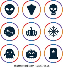 Halloween icons set. set of 9 halloween filled icons such as animal fang, spider web, emo emot, ghost, alien head, pumpkin, pumpkin haloween, skull