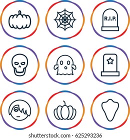 Halloween icons set. set of 9 halloween outline icons such as animal fang, pumpkin, spider web, skull, headstone, emo emot