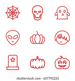 Halloween icons set. set of 9 halloween outline icons such as pumpkin, spider web, pumpkin haloween, skull, headstone, emo emot, ghost