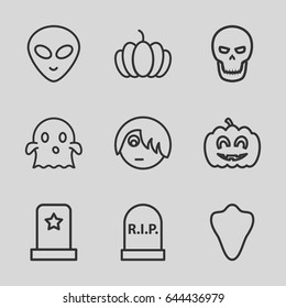 Halloween icons set. set of 9 halloween outline icons such as animal fang, pumpkin, pumpkin haloween, skull, headstone, emo emot, ghost