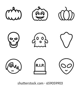 Halloween icons set. set of 9 halloween outline icons such as animal fang, pumpkin, pumpkin haloween, skull, headstone, emo emot, ghost