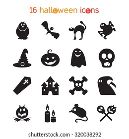 Halloween icons set from animals, skull, bones and magic attributes for web and stickers. Vector