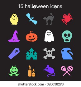 Halloween icons set from animals, skull, bones and magic attributes for web and stickers. Vector