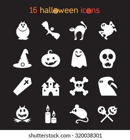 Halloween icons set from animals, skull, bones and magic attributes for web and stickers. Vector