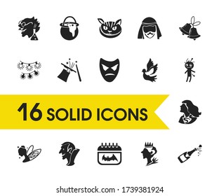 Halloween icons set with bells, witch pot and champagne elements. Set of halloween icons and queen concept. Editable vector elements for logo app UI design.