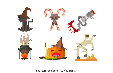 Halloween icons set, black cat in a witch hat, crossed candy canes, cauldron with potion, pumpkin, zombie, design elements for a holiday vector Illustration