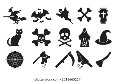  Halloween-Symbole in schwarzer Farbe. Kollektion von Halloween-Silhouetten auf weißem Hintergrund. Halloween Element Set wie Hut, Geist, Fledermaus, Spinne etc.. Vektorgrafik.
