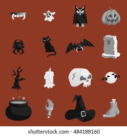 Halloween icons set in black monochrome style on a brown background. Halloween holiday elements set collection vector illustration