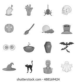 Halloween icons set in black monochrome style. Halloween holiday elements set collection vector illustration