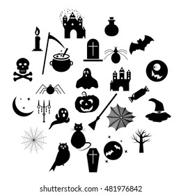 Halloween icons Set black silhouette Vector illustration