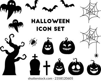 Halloween icons set. Black silhouettes on white background. Vector illustration.