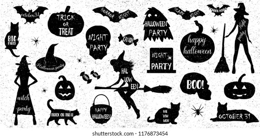 Halloween icons set. Black and white icons for Halloween isolated on white. Vector