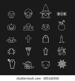 Halloween icons set black and white color line art design on black background