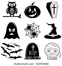 Halloween icons set in black and white including owl, pumpkin, coffin with cross,  ghost, spider on spider web, witch hat with buckle, moon with flying bats,  tomb RIP, and mummy skull 