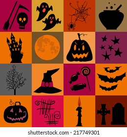 Halloween icons set. Bright squares. Halloween element pumpkin, ghost, moon,  bat and other elements