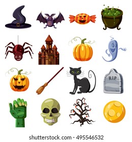 Halloween icons set. Cartoon illustration of 16 Halloween vector icons for web