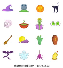 Halloween icons set in cartoon style. Halloween holiday elements set collection vector illustration