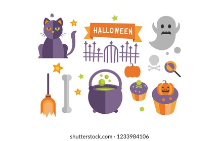 Halloween icons set, cat, ghost, cupcakes, cauldron with potion vector Illustration on a white background