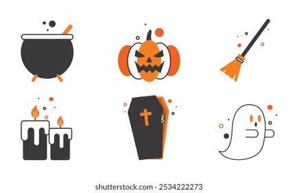 Halloween icons set with cauldron, pumpkin, ghost, Vector