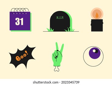 Halloween icons set. Halloween celebration, 31 October. Calendar, gravestone, eye, candle, monster hand. Vector illustration.