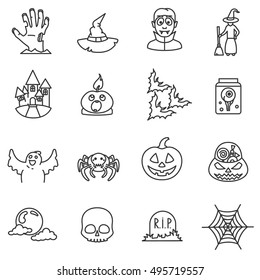 Halloween icons set. The celebration of  All Hallows Evening, vector linear illustration. Thin line design