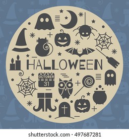 Halloween icons set in circle shape on beige background. Design concept for festive banner, greeting and invitation card, flyer, tag, label, poster, postcard, advertisement. Vector illustration.