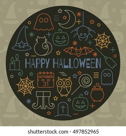 Halloween icons set in circle shape with editable stroke. Colorful design concept for festive banner, greeting and invitation card, flyer, label, poster, postcard, advertisement. Vector illustration.