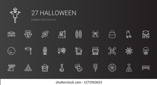 halloween icons set. Collection of halloween with candy, sweet, love potion, wizard, magic, skull, magician, sweets, mummy, fangs, neptune. Editable and scalable halloween icons.