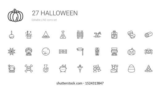 halloween icons set. Collection of halloween with devil, candy, scarecrow, cauldron, potion, skull, magician, mummy, fangs, sweet, neptune. Editable and scalable halloween icons.
