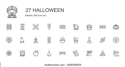halloween icons set. Collection of halloween with magic, candy, fangs, caramelized apple, cauldron, magician, spider web, potion, ghost. Editable and scalable halloween icons.