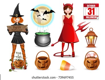 Halloween icons set. Collection of multicolored cartoon icons isolated on white background. Vector illustration