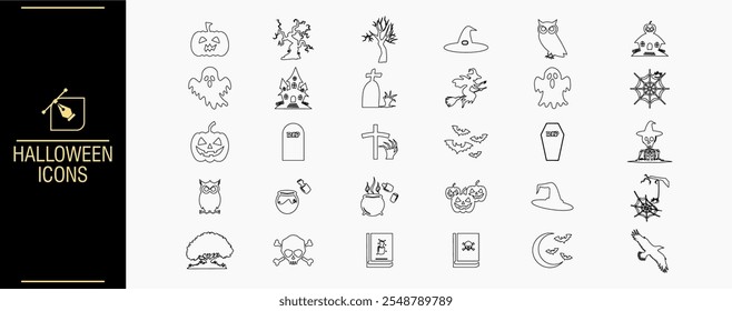 Halloween icons set. Collection of outline symbols of Halloween for web design, and mobile app. Vector thin line icons.