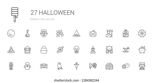 halloween icons set. Collection of halloween with spellbook, sweets, scarecrow, ghost, poison, mummy, magic, witch, skull, candy, wizard. Editable and scalable halloween icons.