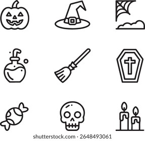 Ícones de Halloween Definir uma coleção de símbolos de estação assustadora para decorações e desenhos criativos comemorando o outono e diversão assustadora