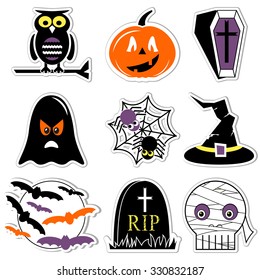 Halloween icons set in color, labels style  including owl, pumpkin, coffin with cross,  ghost, spider on spider web, witch hat with buckle, moon with flying bats,  tomb RIP, and mummy skull 
