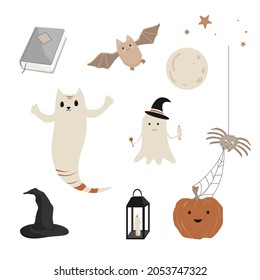 Halloween icons set. Cute ghosts, magic book, witch hat, full moon, and crazy pumpkin with a spider. Halloween characters collection in nursery style.