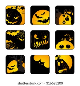 Halloween icons set. Design elements with Jack-O-Lanterns, bats, moon, trees for your design isolated on transparent background.