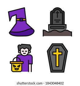 Halloween Icons Set (Filled Line) = hat wizard, tombstone, avatar, coffin. Perfect for website mobile app, app icons, presentation, illustration and any other projects.