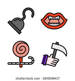 Halloween Icons Set (Filled Line) = hook pirate, fangs, lollipop, scythe . Perfect for website mobile app, app icons, presentation, illustration and any other projects.