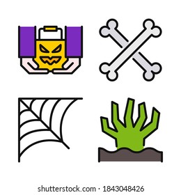Halloween Icons Set (Filled Line) = trick or treat, bones, spider web, hand scary . Perfect for website mobile app, app icons, presentation, illustration and any other projects.