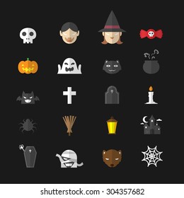 Halloween icons set flat design on dark background