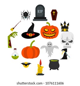 Halloween icons set in flat style. Halloween elements set collection vector illustration