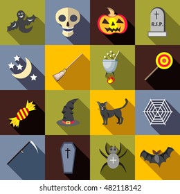 Halloween icons set in flat style. Halloween holiday elements set collection vector illustration