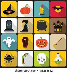 Halloween icons set in flat style. Halloween elements set collection vector illustration
