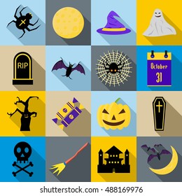 Halloween icons set in flat style. Halloween elements set collection vector illustration