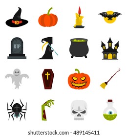 Halloween icons set in flat style. Halloween elements set collection vector illustration